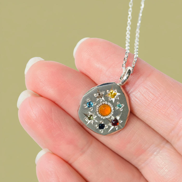 Sterling silver Stargazer large round pendant set with 8 stones