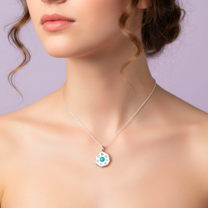 Sterling silver Stargazer round pendant set with 8 stones