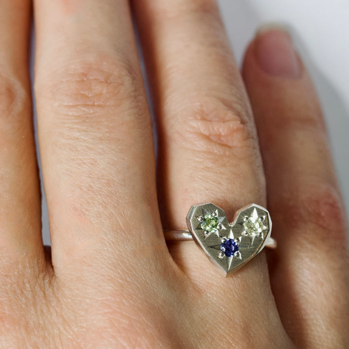 Sterling Silver Stargazer Heart Ring with 3 stones