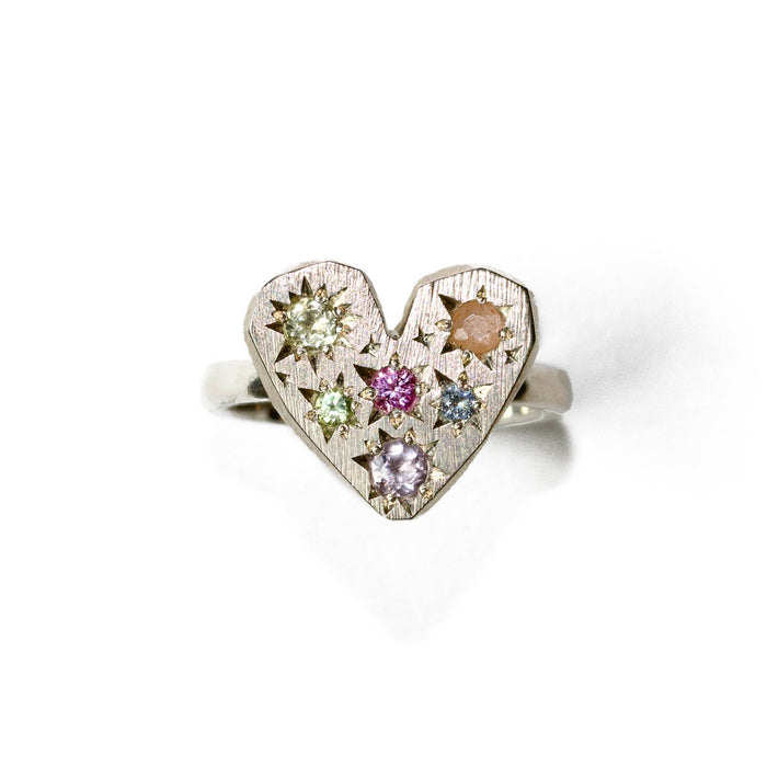 Sterling Silver Stargazer Heart Ring with 6 stones