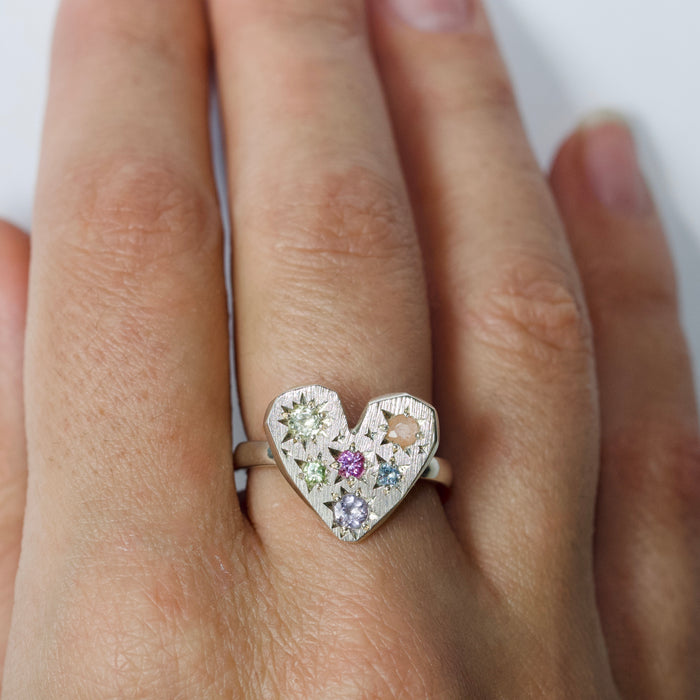 Sterling Silver Stargazer Heart Ring with 6 stones