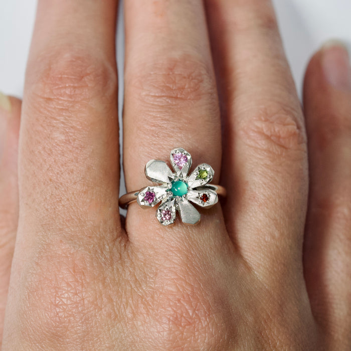 Sterling Silver Stargazer Flower Ring with 6 stones
