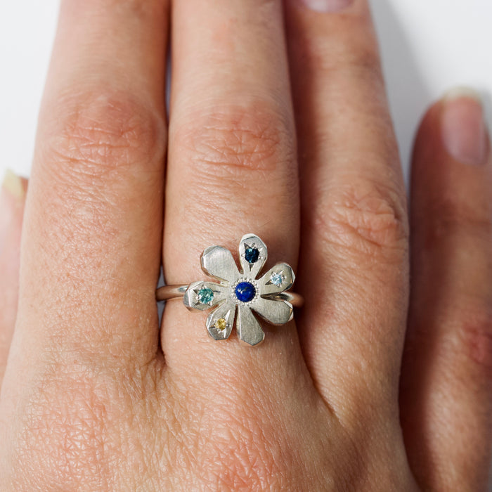 Sterling Silver Stargazer Flower Ring with 5 stones