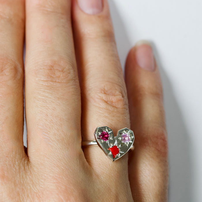 Sterling silver Stargazer heart ring set with 3 stones